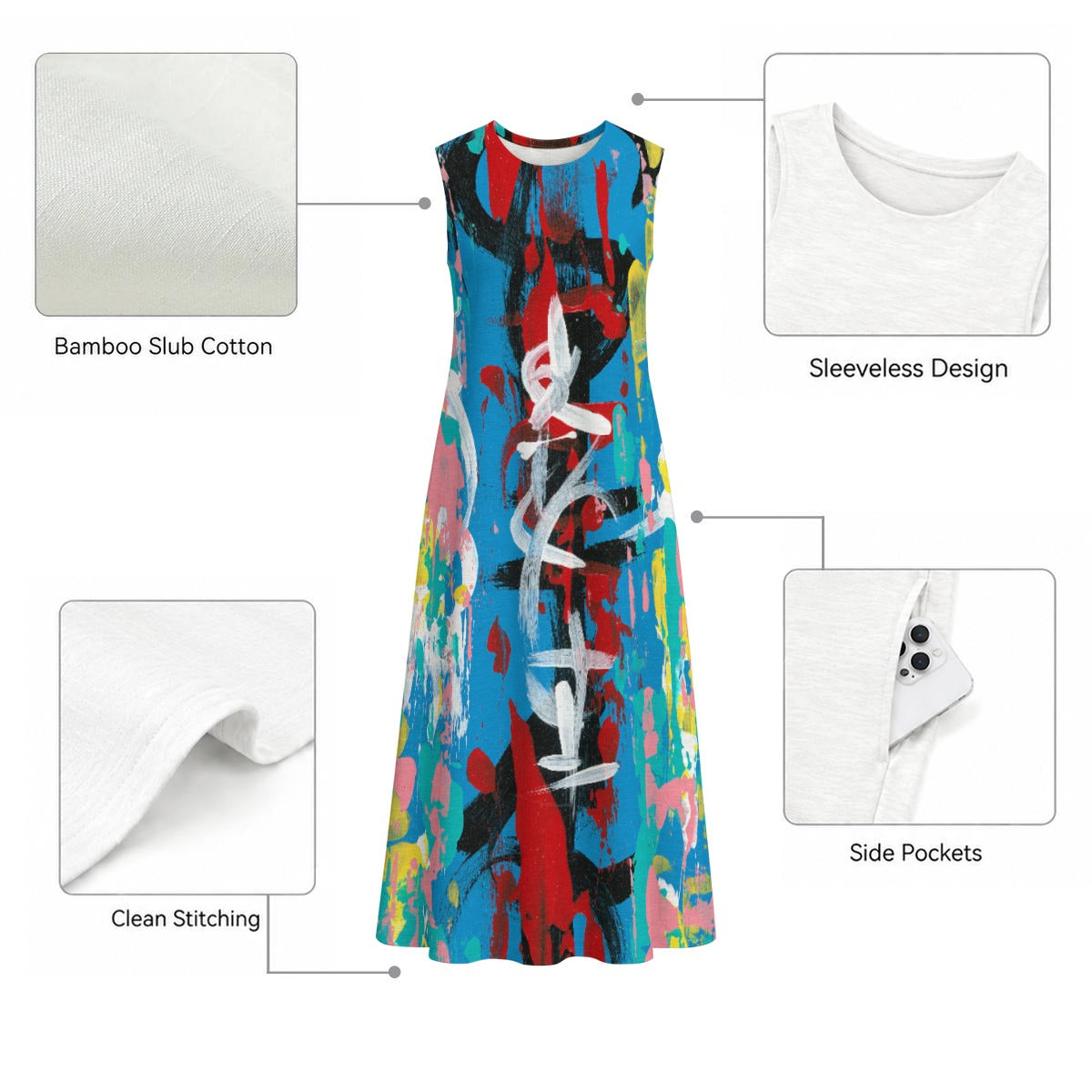 Visual Juju 4 All-Over Print Women's Sleeveless Dress With Pocket Slub Cotton