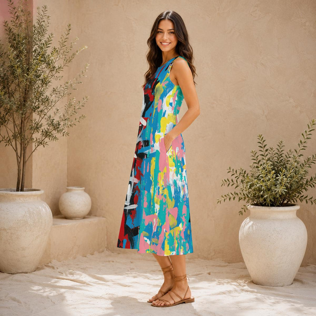 Visual Juju 4 All-Over Print Women's Sleeveless Dress With Pocket Slub Cotton