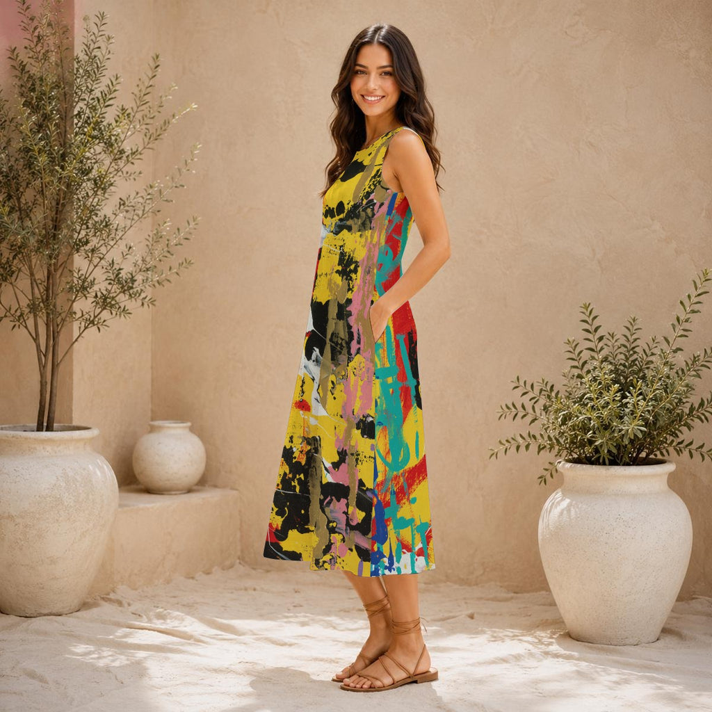 Visual Juju 3 All-Over Print Women's Sleeveless Dress With Pocket Slub Cotton