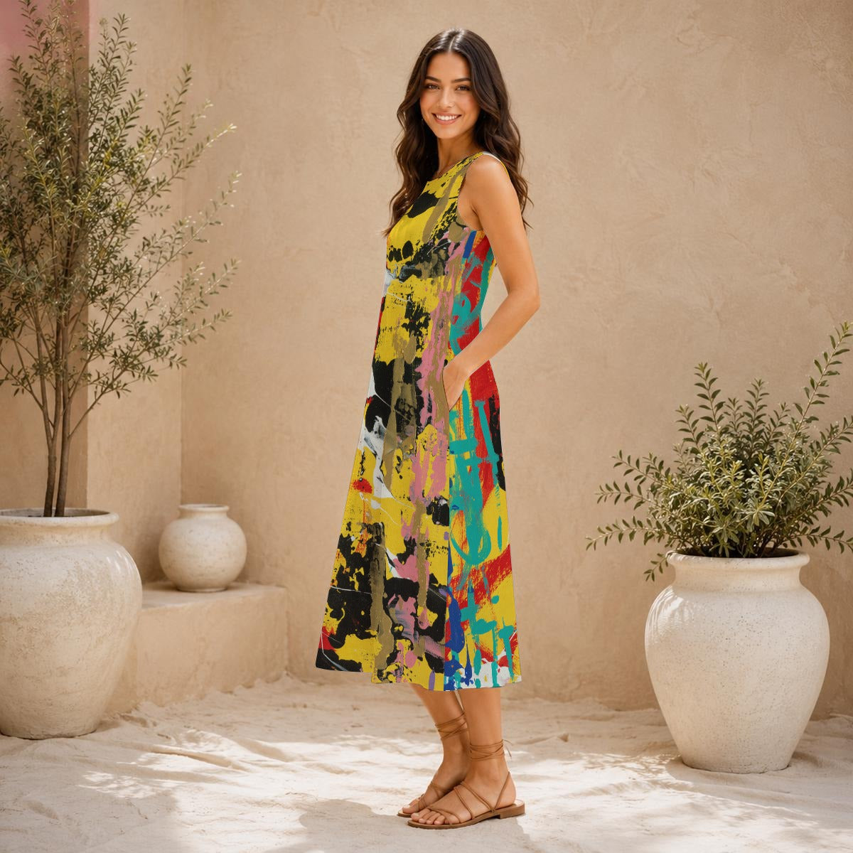 Visual Juju 3 All-Over Print Women's Sleeveless Dress With Pocket Slub Cotton