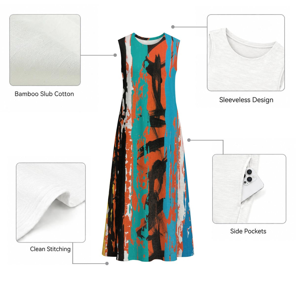 Visual Juju 2 All-Over Print Women's Sleeveless Dress With Pocket Slub Cotton